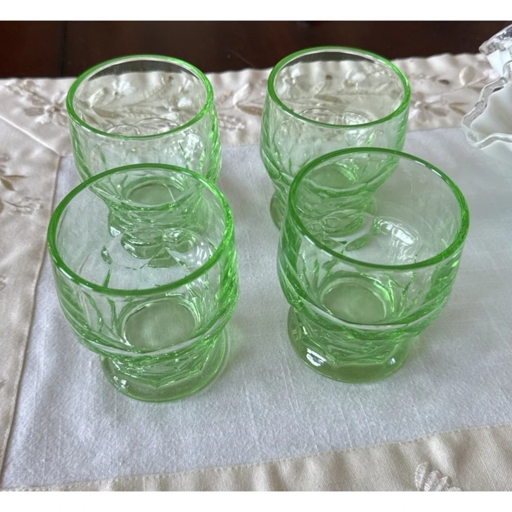 4 - Vintage Green Vaseline Uranium Glass Tumbler Honeycomb Georgian Cambridge